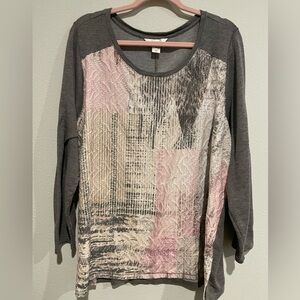 CJ Banks gray long sleeve shirt with textured pink/white/tan design. Siz…